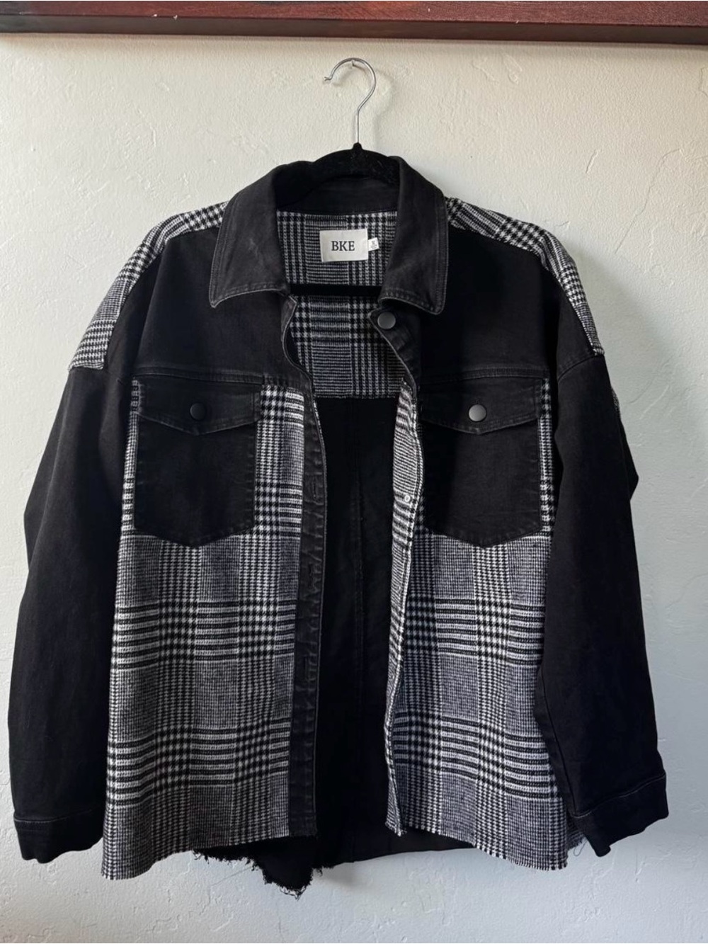 BKE Black and Gray Plaid Mixed-Media Shirt Jacket